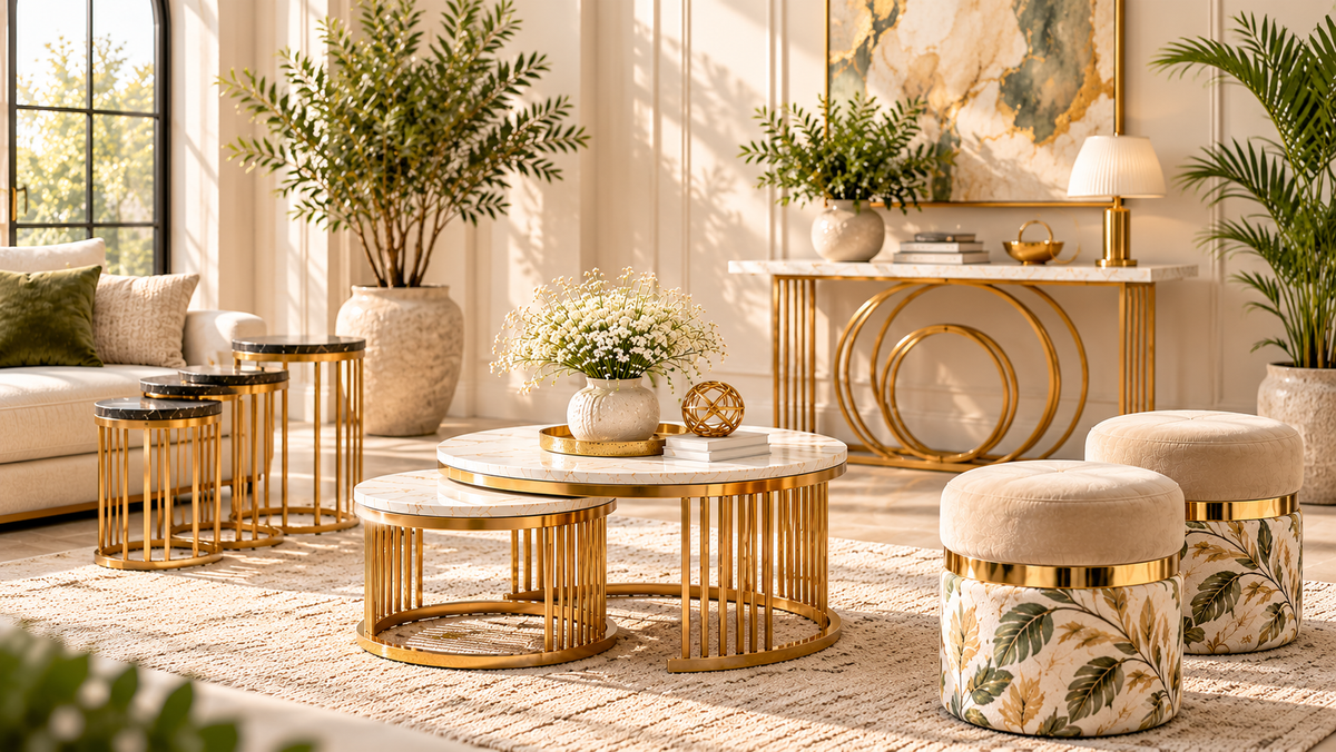 Luxury accent furniture featuring marble coffee tables, nesting side tables, gold console table and elegant ottomans at Decoreway Pakistan.