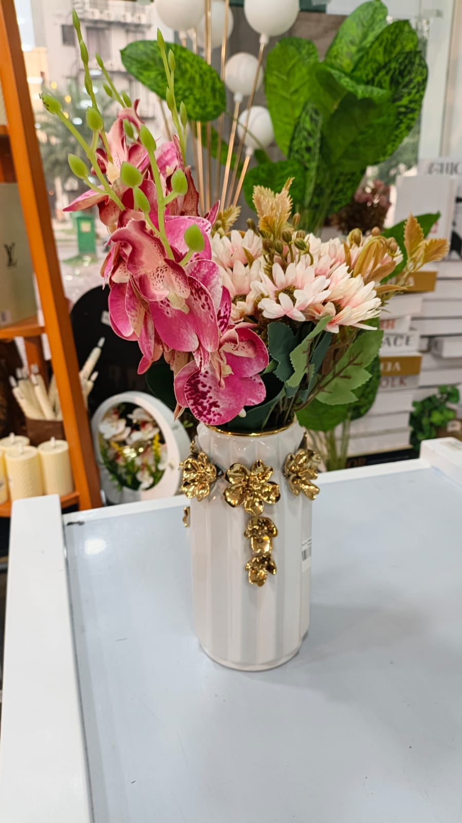 Luxury Pink Orchid & Daisy Floral Arrangement in Gold Accent Vase