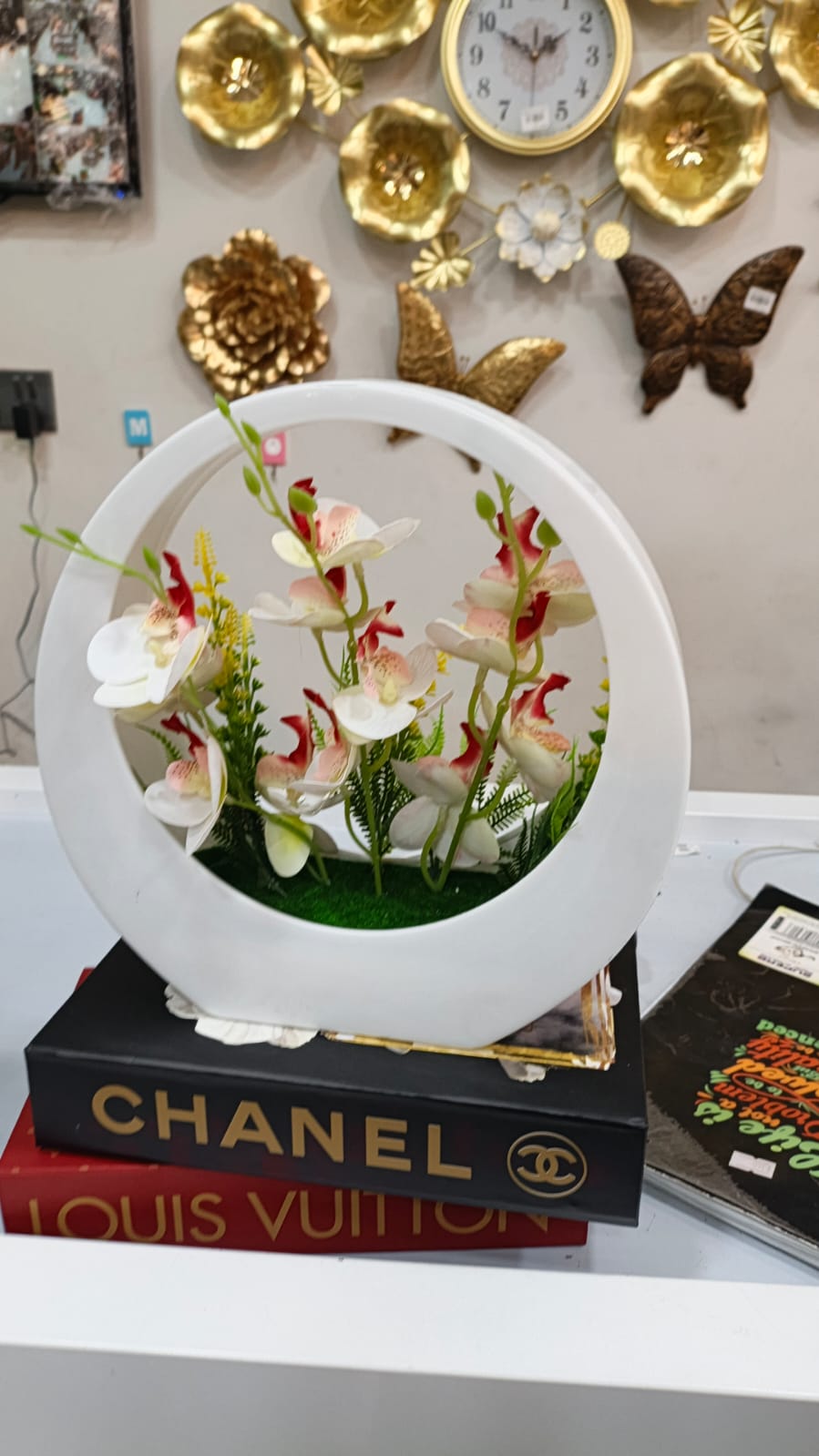 Artificial Orchid Floral Arrangement in White Round Planter