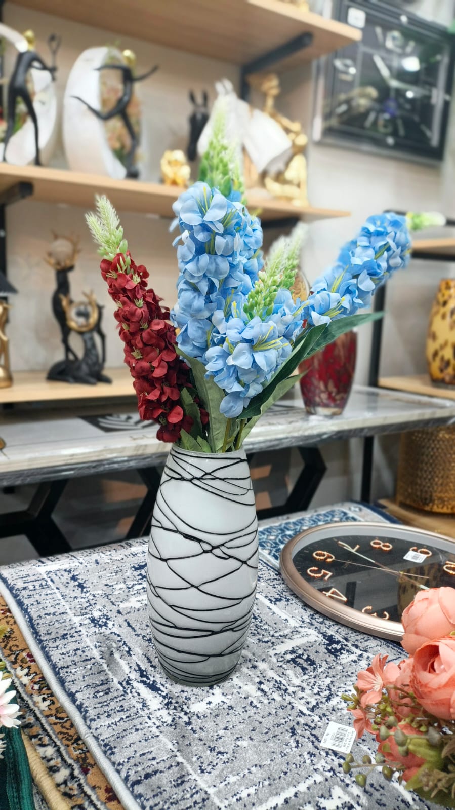 Artificial Blue & Burgundy Flower Arrangement in Decorative Vase