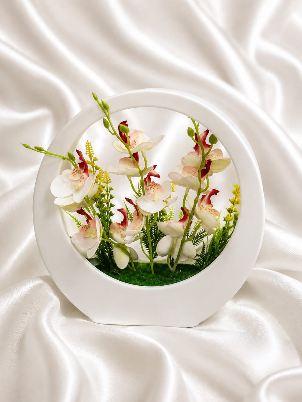 Artificial Orchid Floral Arrangement in White Round Planter