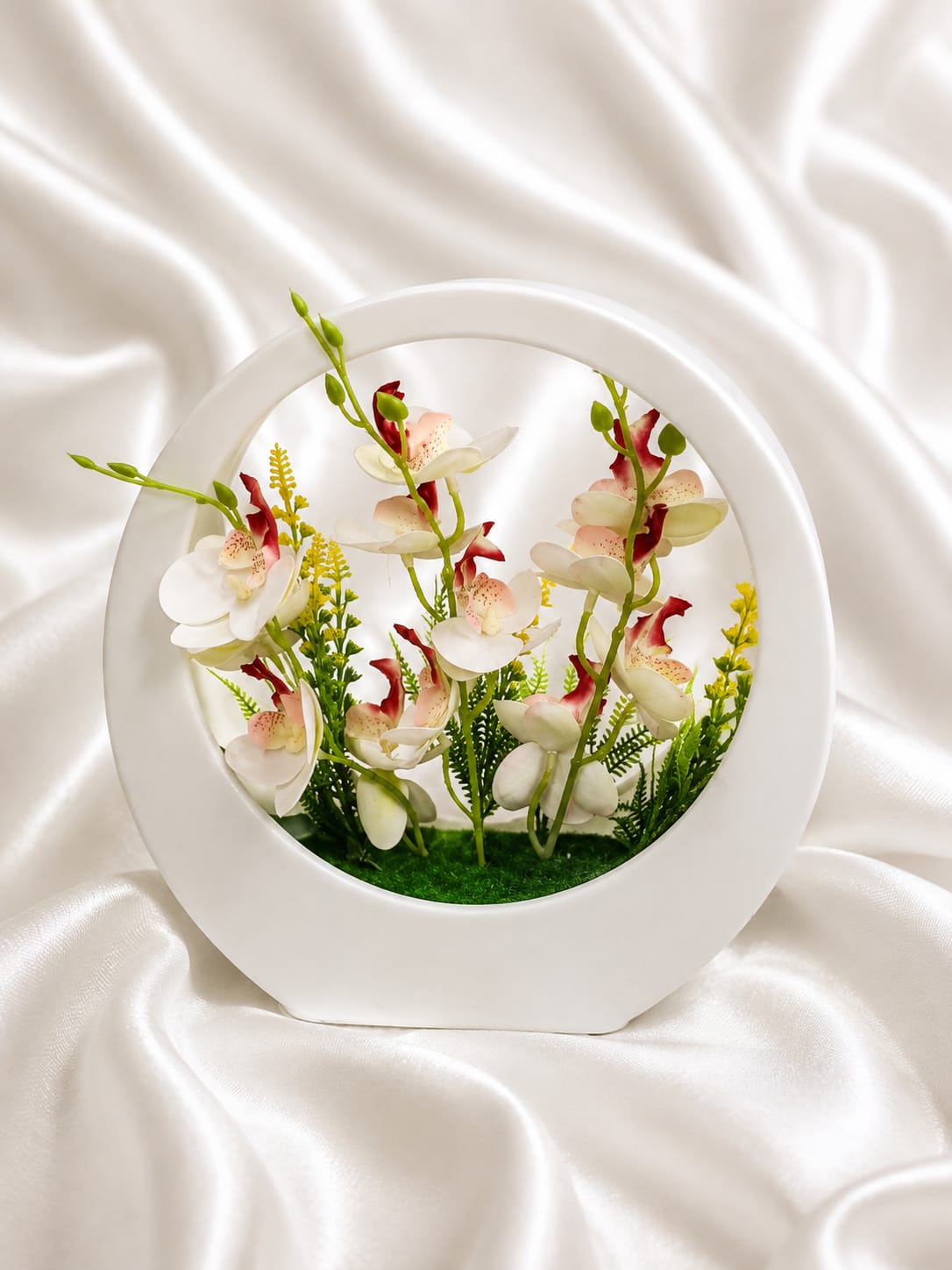 Artificial Orchid Floral Arrangement in White Round Planter