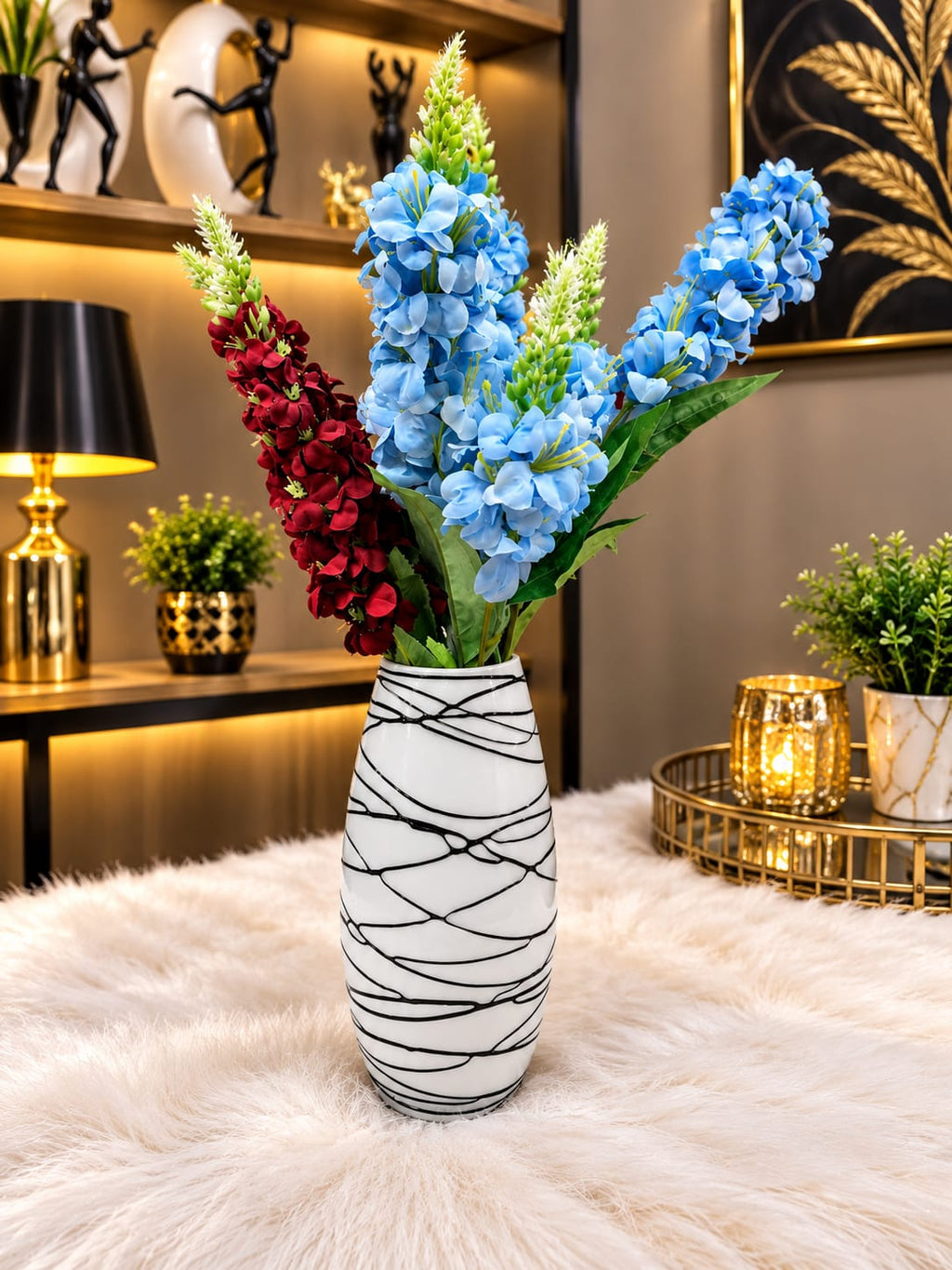 Artificial Blue & Burgundy Flower Arrangement in Decorative Vase
