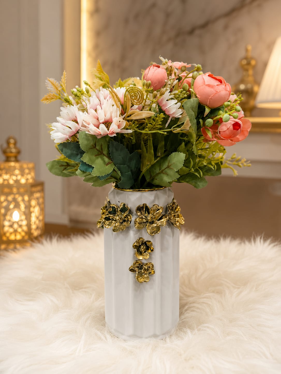 Luxury Pink Orchid & Daisy Floral Arrangement in Gold Accent Vase