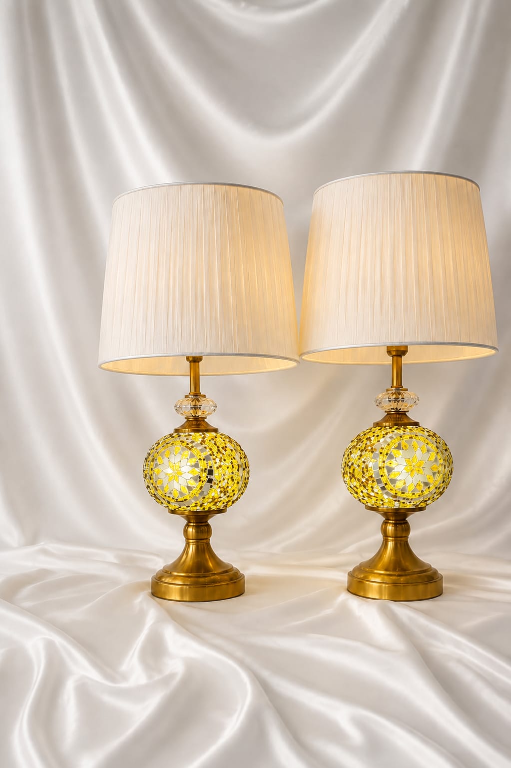 Luxury Yellow Mosaic Glass & Brass Table Lamp – Pair with Pleated Shades