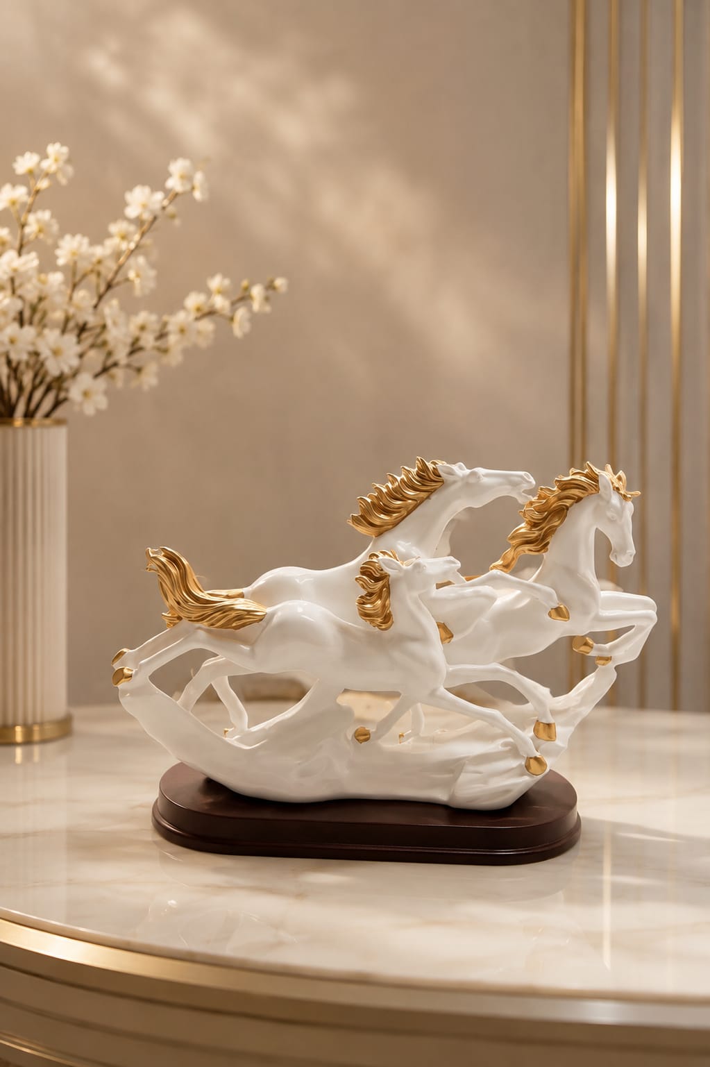 Elegant Galloping Horses Sculpture – White & Gold Decor Statue