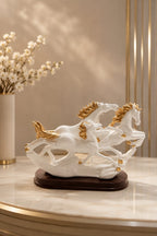 Elegant Galloping Horses Sculpture – White & Gold Decor Statue