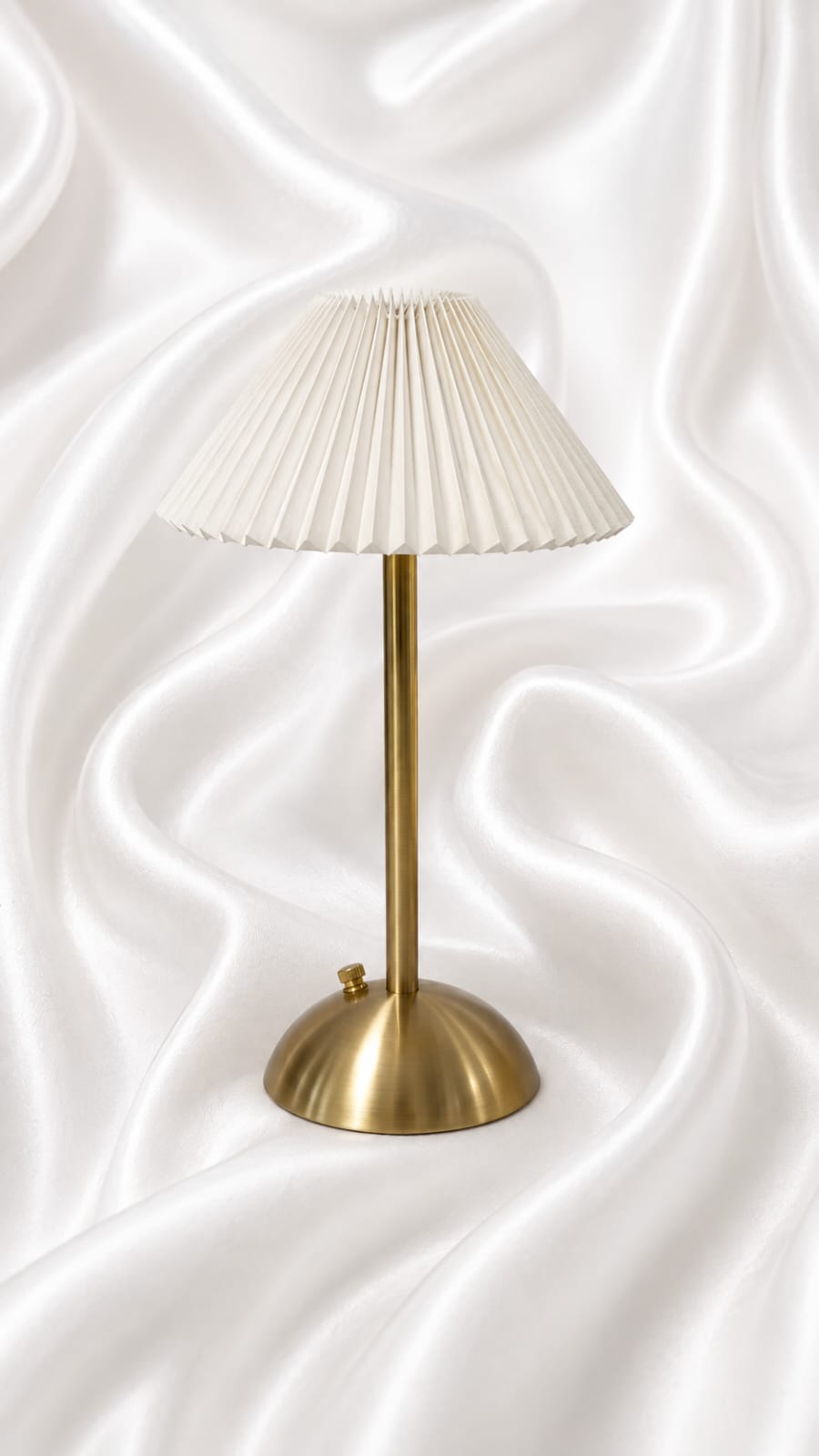 Rechargeable Brass Table Lamp with Pleated White Shade