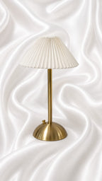 Rechargeable Brass Table Lamp with Pleated White Shade