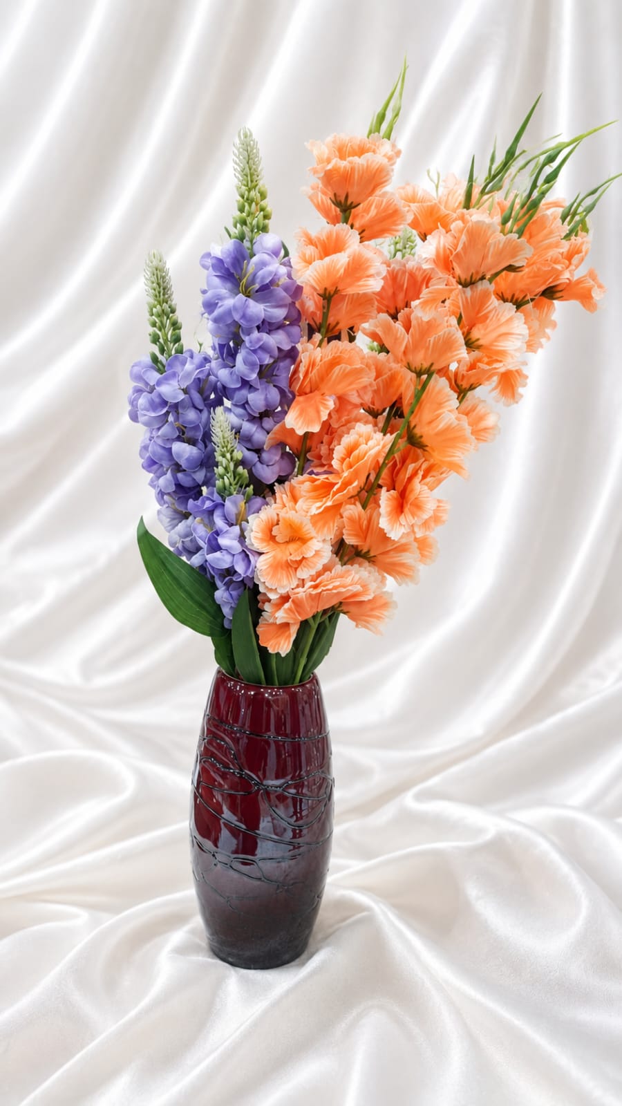 Premium Ceramic Vase with Purple & Orange Artificial Flower Bunches