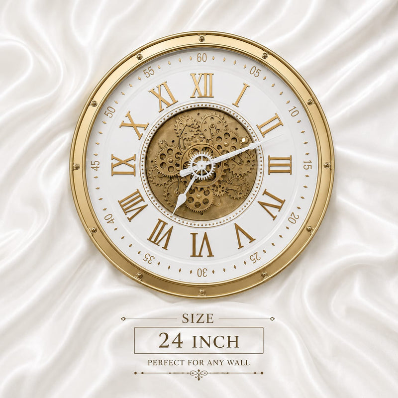 24 Inch Premium Gold Metal Wall Clock – Exposed Mechanical Gears