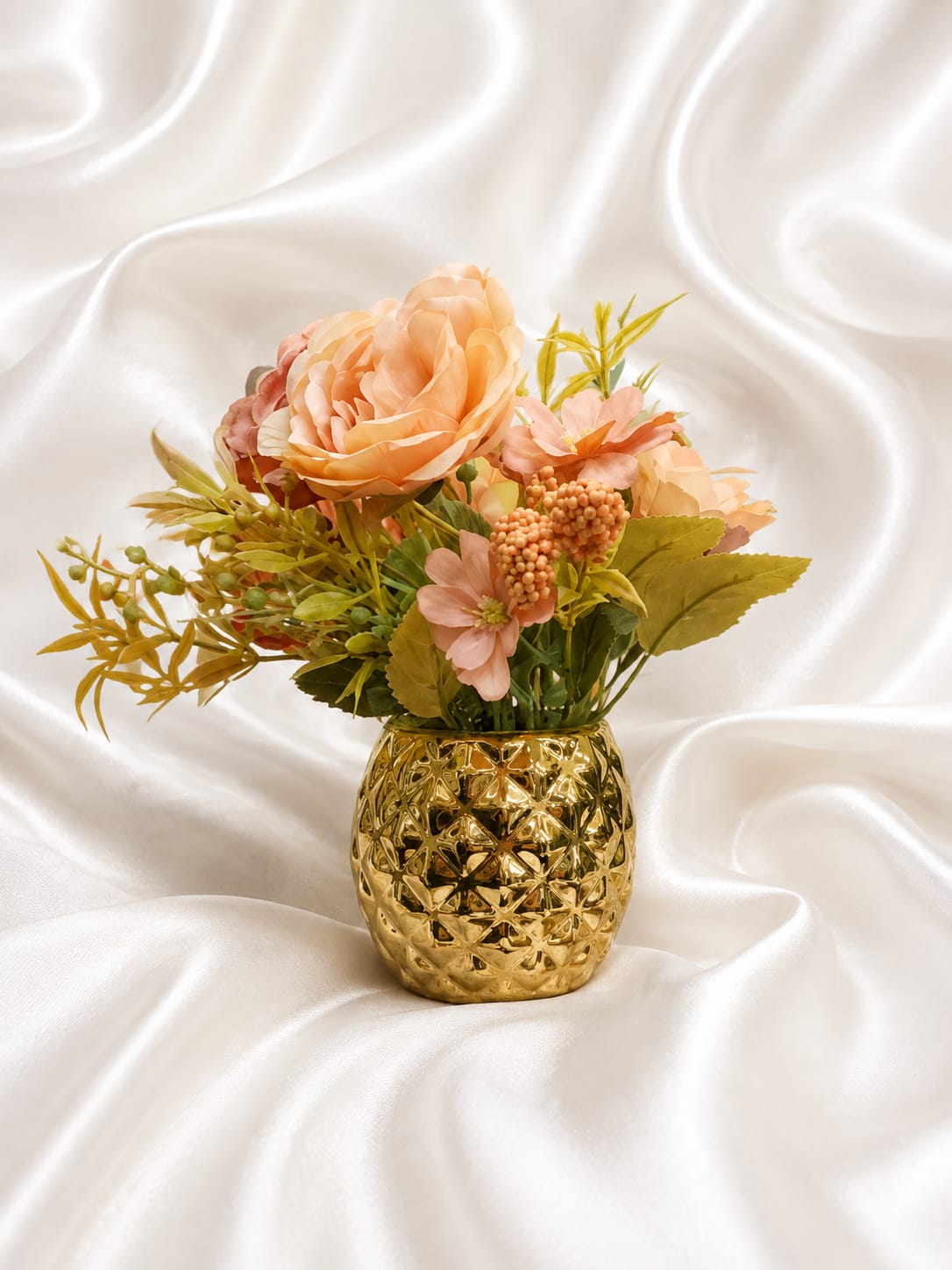 Luxury Golden Textured Vase with Peach & Pink Artificial Flower Bouquet