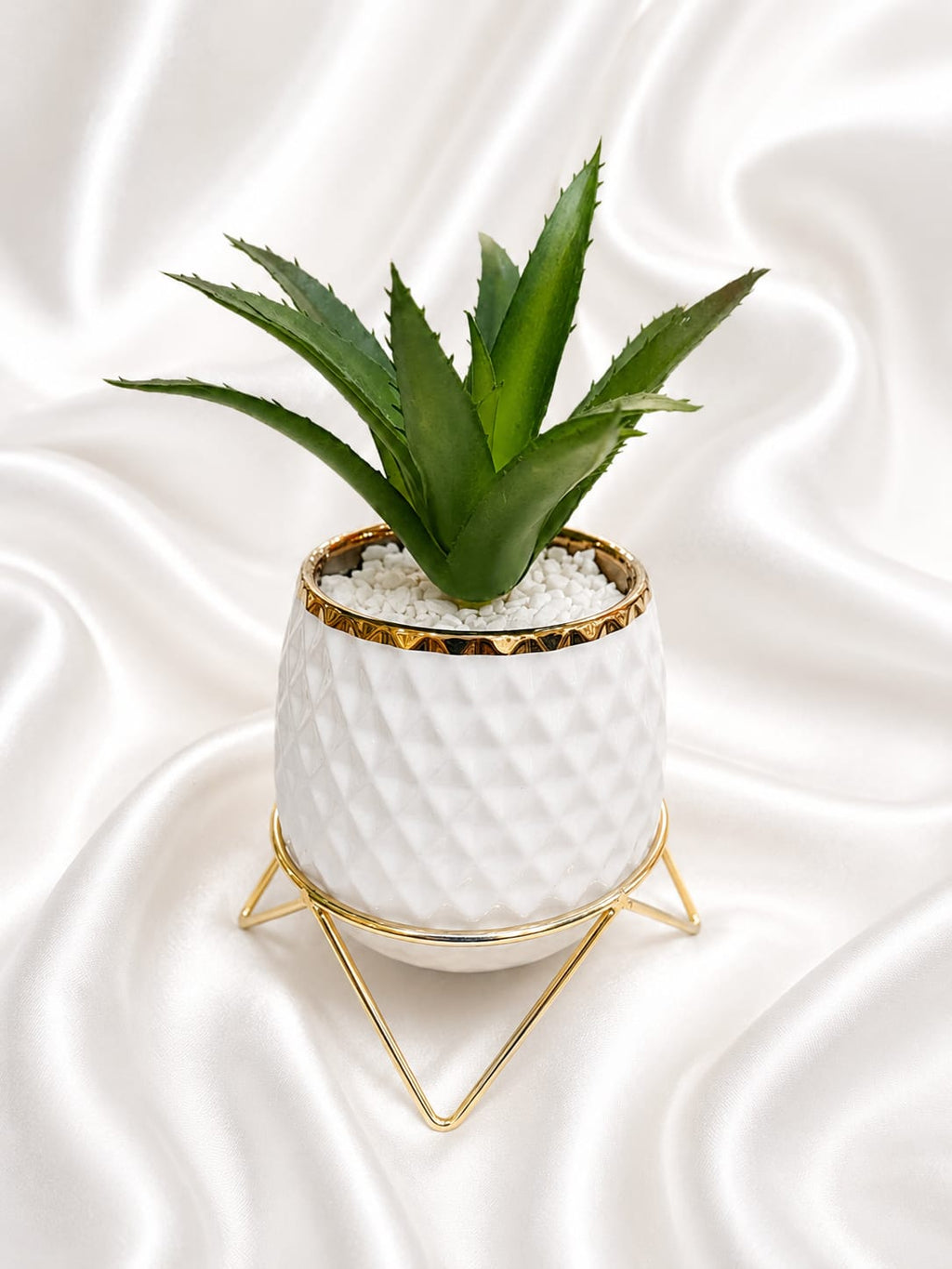 White Diamond Textured Planter – Gold Metal Stand with Artificial Aloe Plant