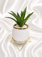 White Diamond Textured Planter – Gold Metal Stand with Artificial Aloe Plant