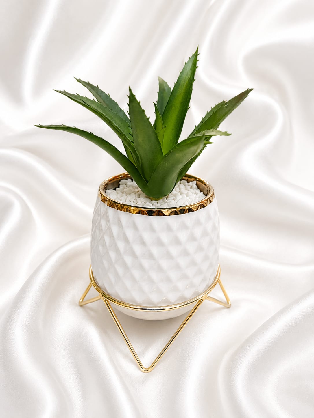White Diamond Textured Planter – Gold Metal Stand with Artificial Aloe Plant