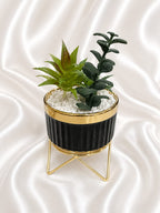 Black Ribbed Planter – Gold Metal Stand with Mixed Artificial Succulent Plants