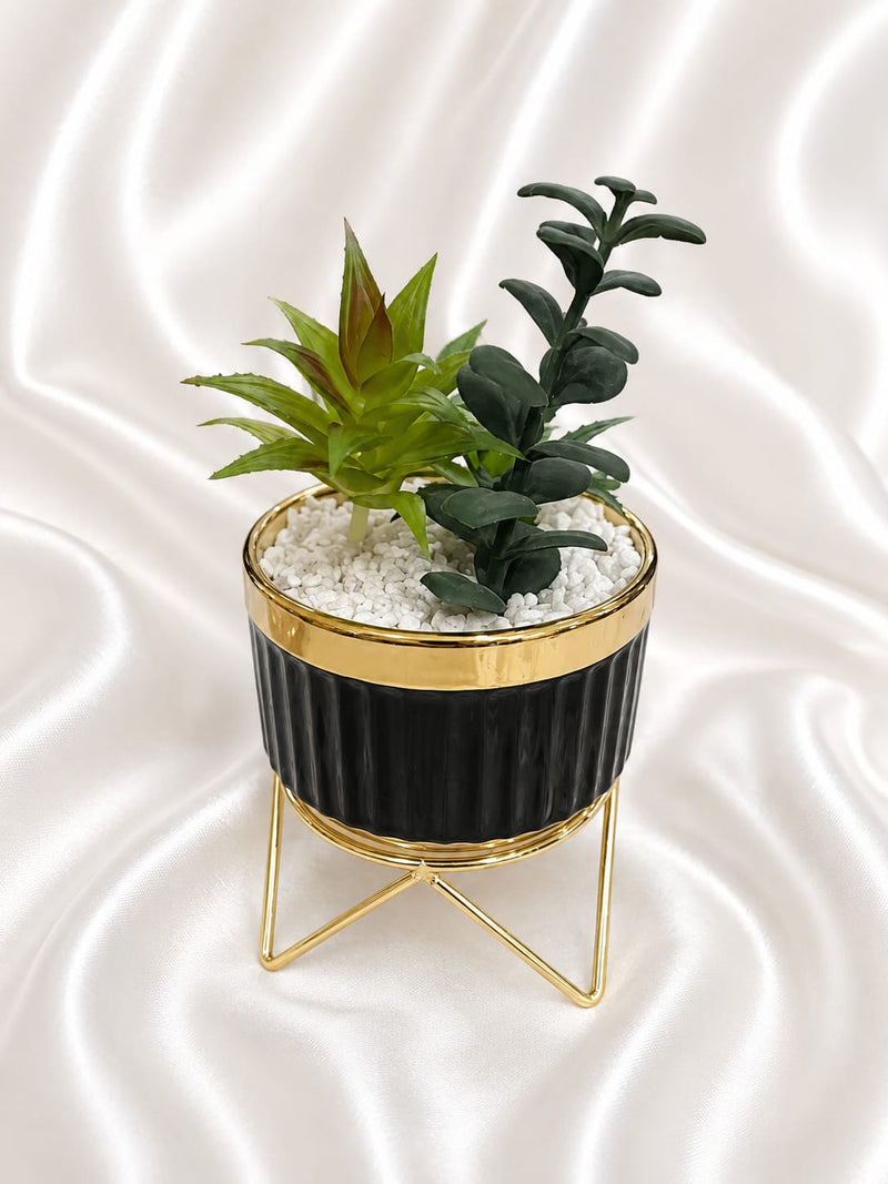 Black Ribbed Planter – Gold Metal Stand with Mixed Artificial Succulent Plants