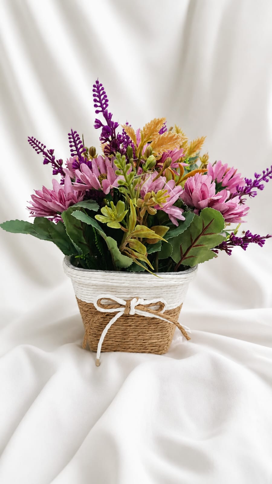 Rustic Woven Basket Planter – Purple & Pink Artificial Flower Bouquet