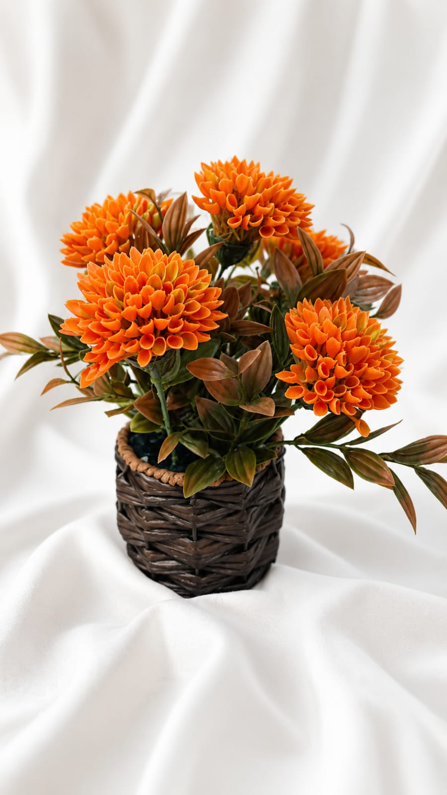 Dark Woven Basket Planter – Vibrant Orange Artificial Flower Bouquet