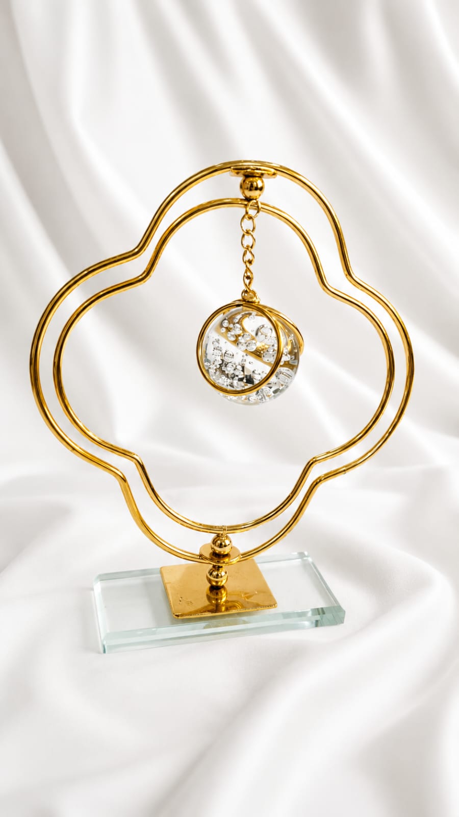 Elegant Gold Quatrefoil Stand – Hanging Crystal Sphere on Glass Base