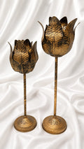 Tall Antique Gold Metal Lotus Floor Sculptures – Set of 2