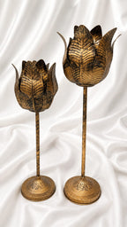 Tall Antique Gold Metal Lotus Floor Sculptures – Set of 2