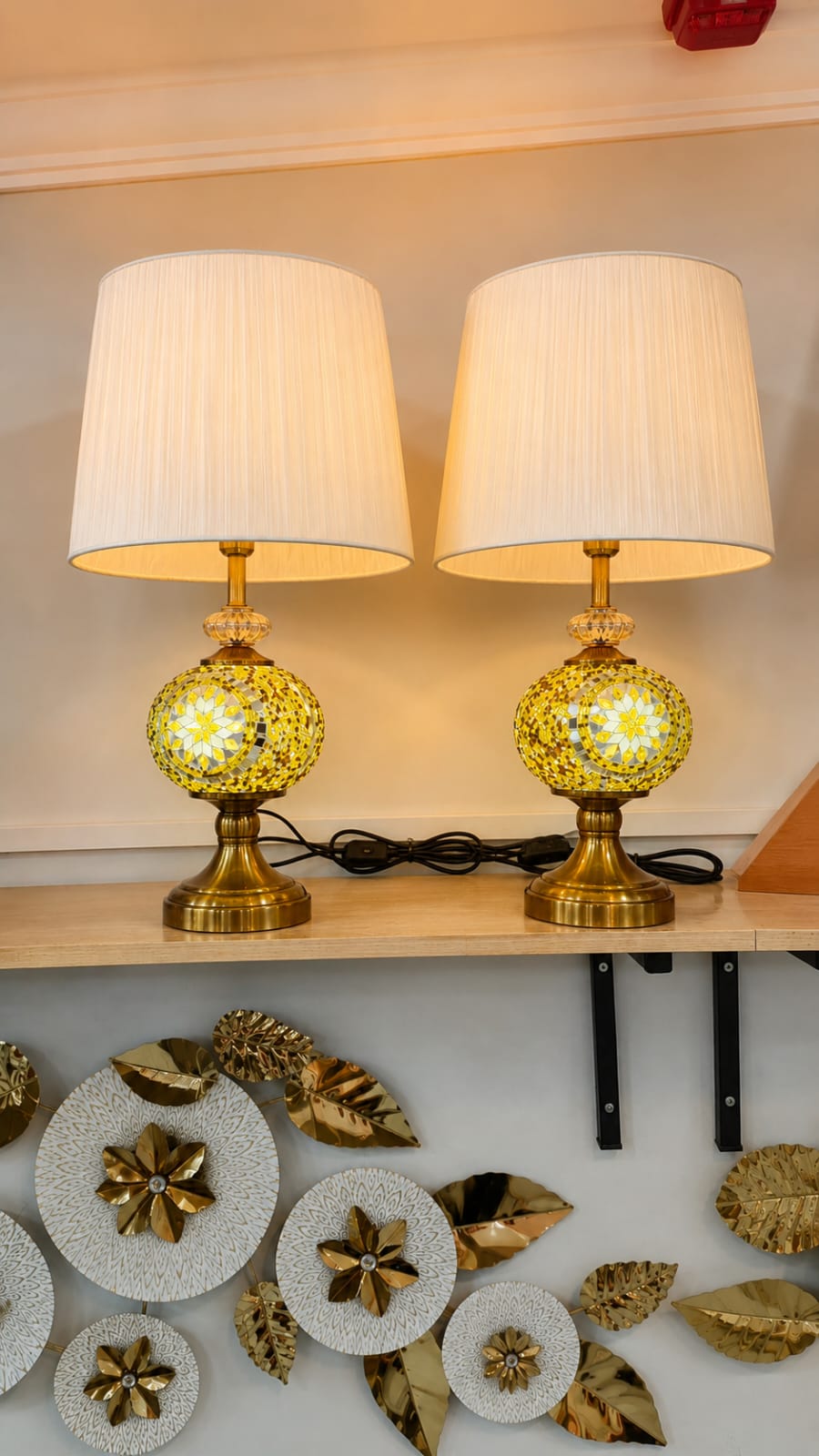 Luxury Yellow Mosaic Glass & Brass Table Lamp – Pair with Pleated Shades