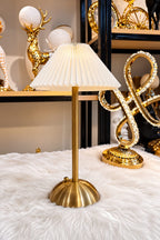 Rechargeable Brass Table Lamp with Pleated White Shade