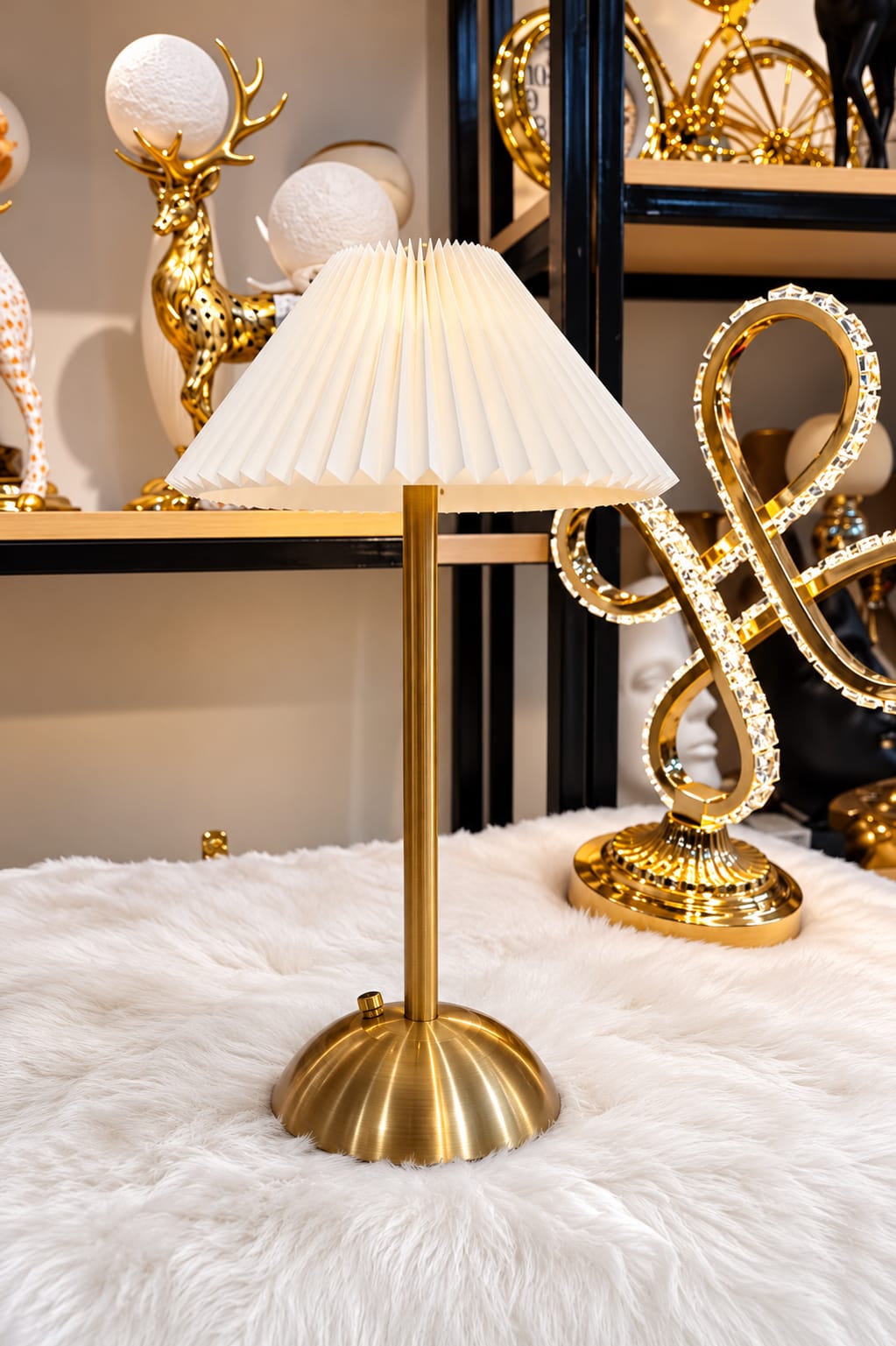 Rechargeable Brass Table Lamp with Pleated White Shade