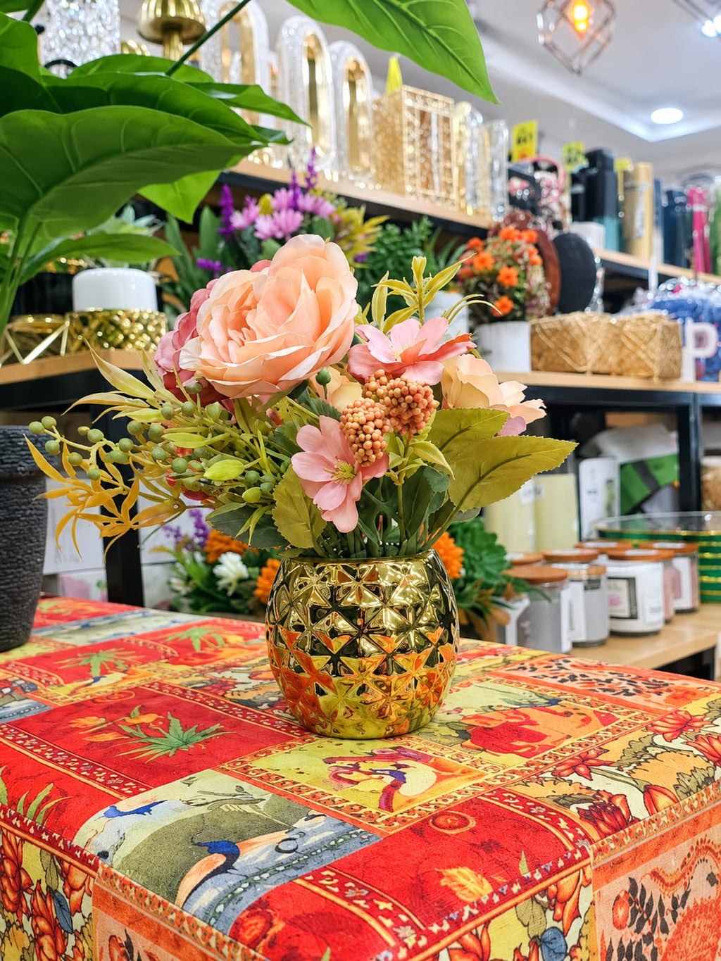 Luxury Golden Textured Vase with Peach & Pink Artificial Flower Bouquet