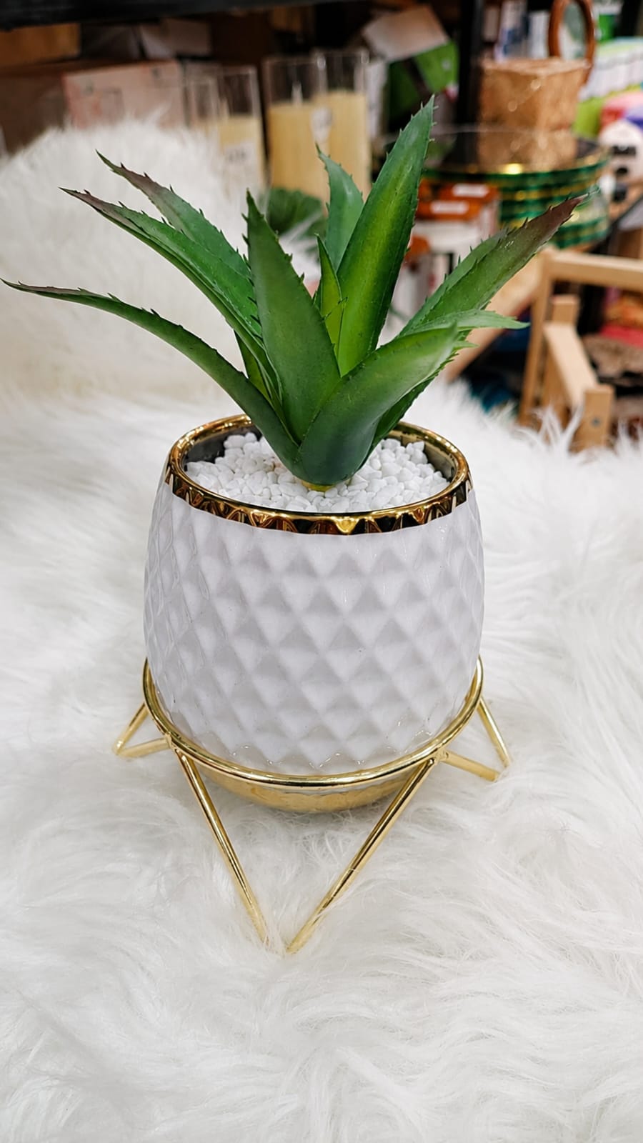 White Diamond Textured Planter – Gold Metal Stand with Artificial Aloe Plant