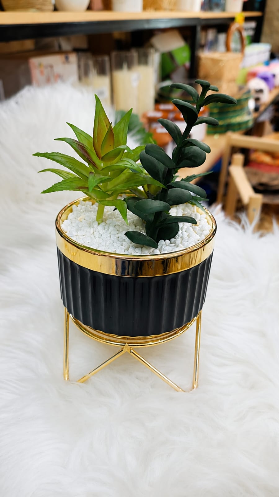 Black Ribbed Planter – Gold Metal Stand with Mixed Artificial Succulent Plants