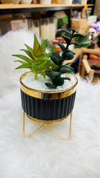 Black Ribbed Planter – Gold Metal Stand with Mixed Artificial Succulent Plants