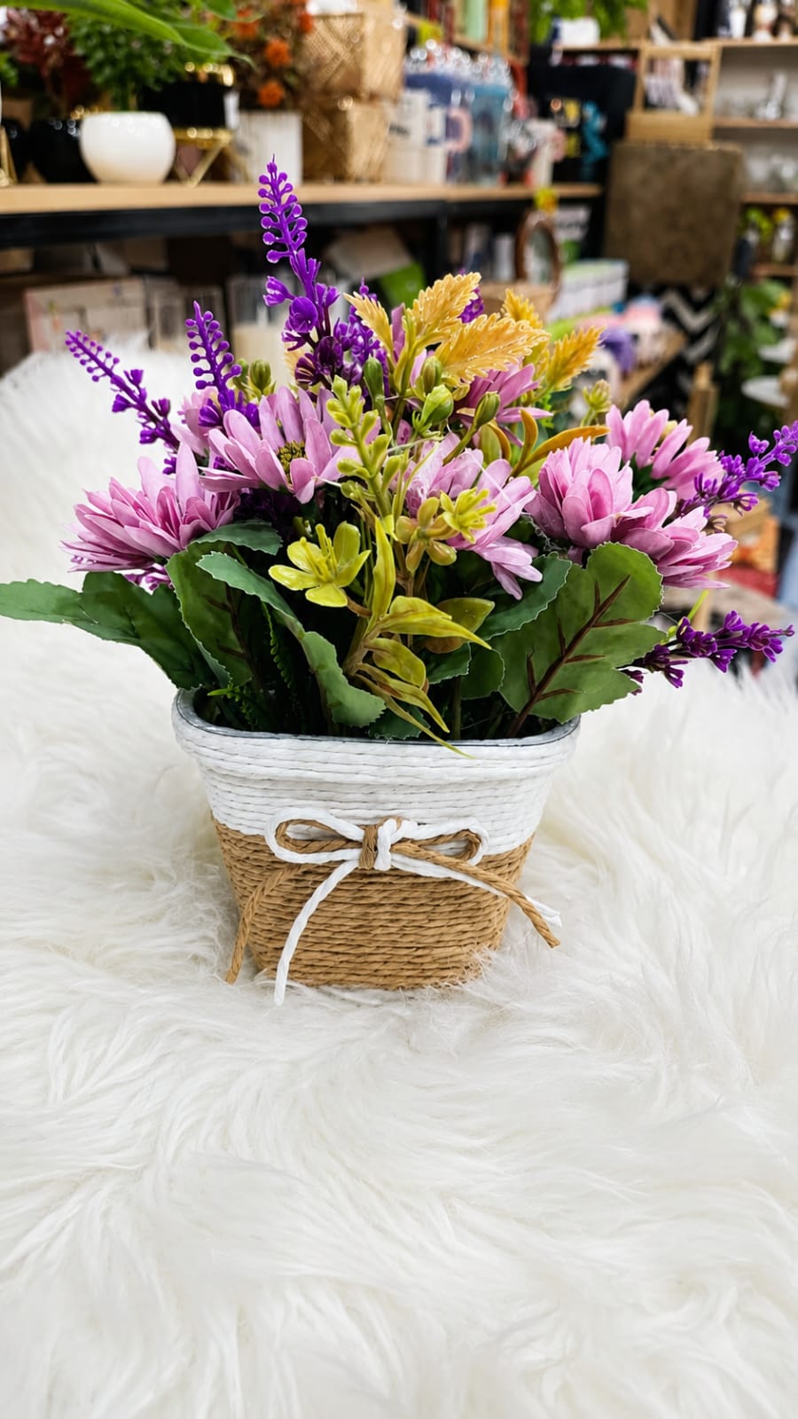 Rustic Woven Basket Planter – Purple & Pink Artificial Flower Bouquet