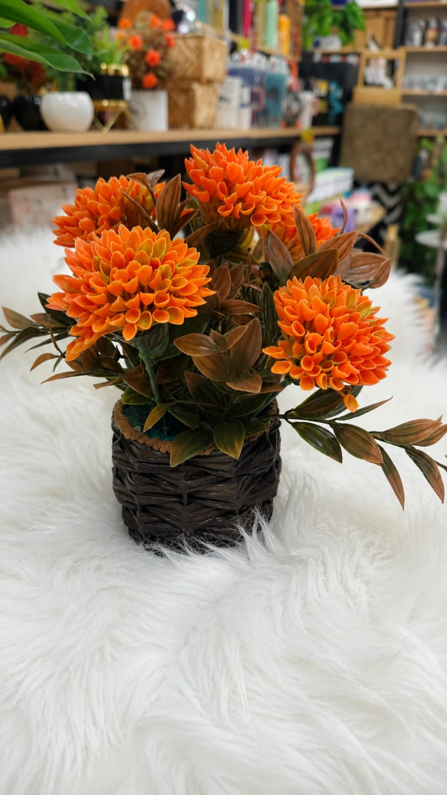 Dark Woven Basket Planter – Vibrant Orange Artificial Flower Bouquet