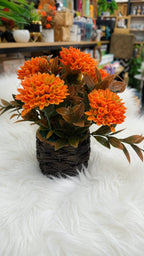 Dark Woven Basket Planter – Vibrant Orange Artificial Flower Bouquet