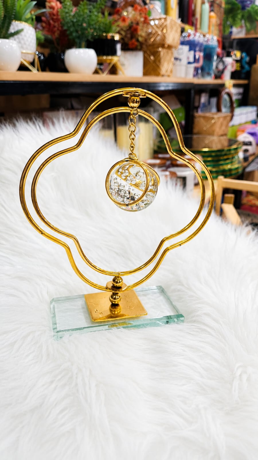 Elegant Gold Quatrefoil Stand – Hanging Crystal Sphere on Glass Base