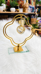Elegant Gold Quatrefoil Stand – Hanging Crystal Sphere on Glass Base