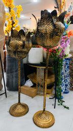 Tall Antique Gold Metal Lotus Floor Sculptures – Set of 2