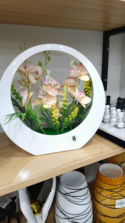 Artificial Orchid Floral Arrangement in White Round Planter
