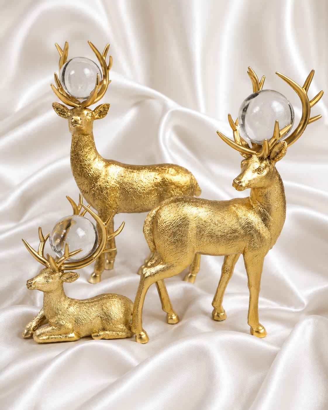 luxury Golden Deer Figurine Set with Crystal Orbs