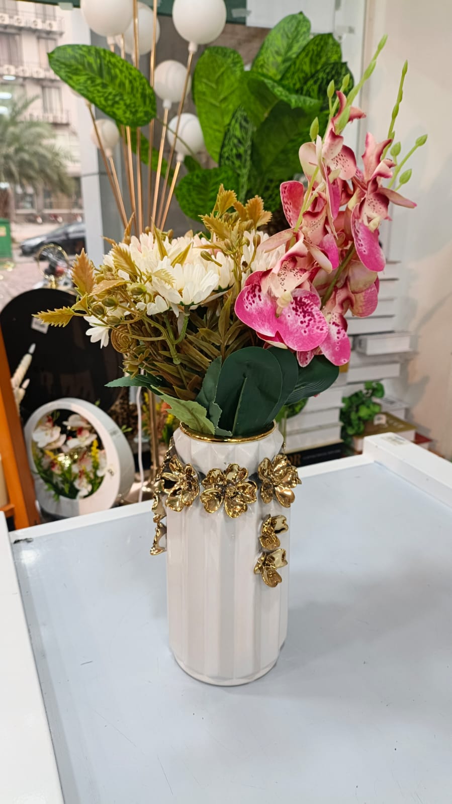 Luxury Pink Orchid & Daisy Floral Arrangement in Gold Accent Vase