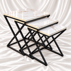Luxury white marble effect nesting side tables set of 3 with gold veining, square tops and modern black metal X-shaped frames by Decoreway.
