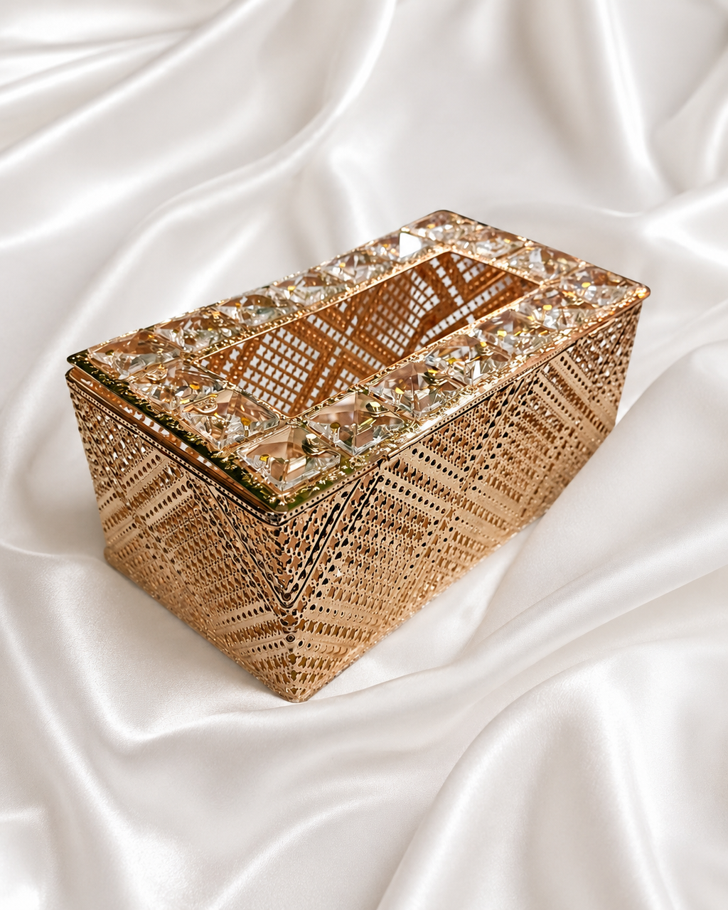 Premium Golden Filigree & Crystal Tissue Box Holder