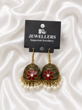 Antique Gold Jhumka with Red Flower & Pearl Fringe