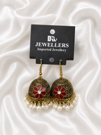 Antique Gold Jhumka with Red Flower & Pearl Fringe