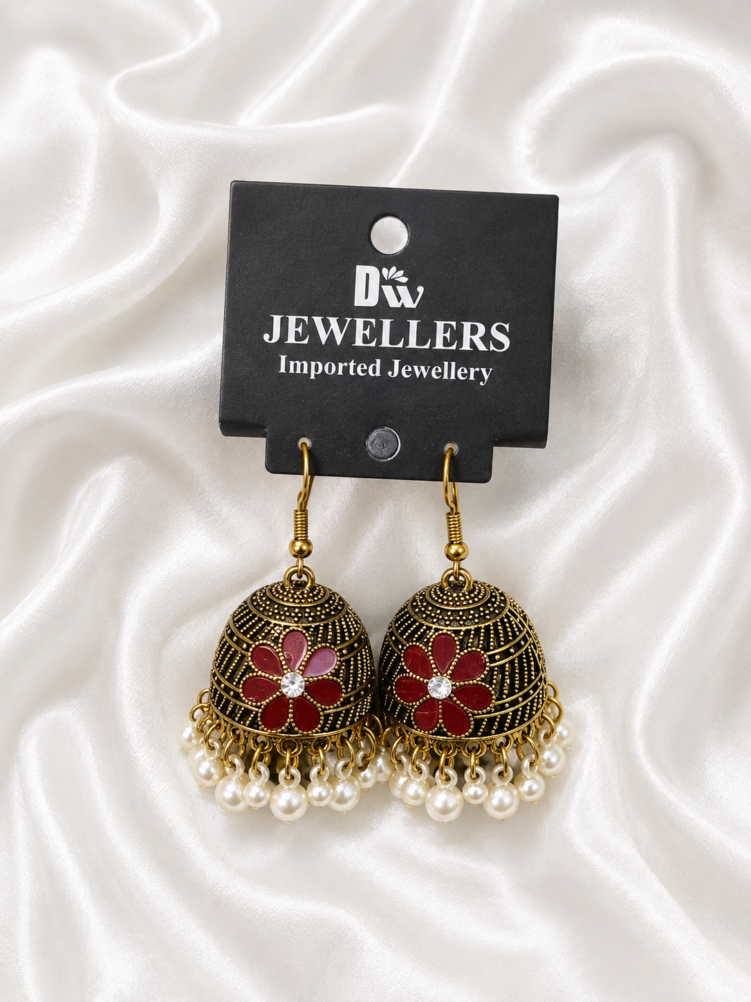 Antique Gold Jhumka with Red Flower & Pearl Fringe
