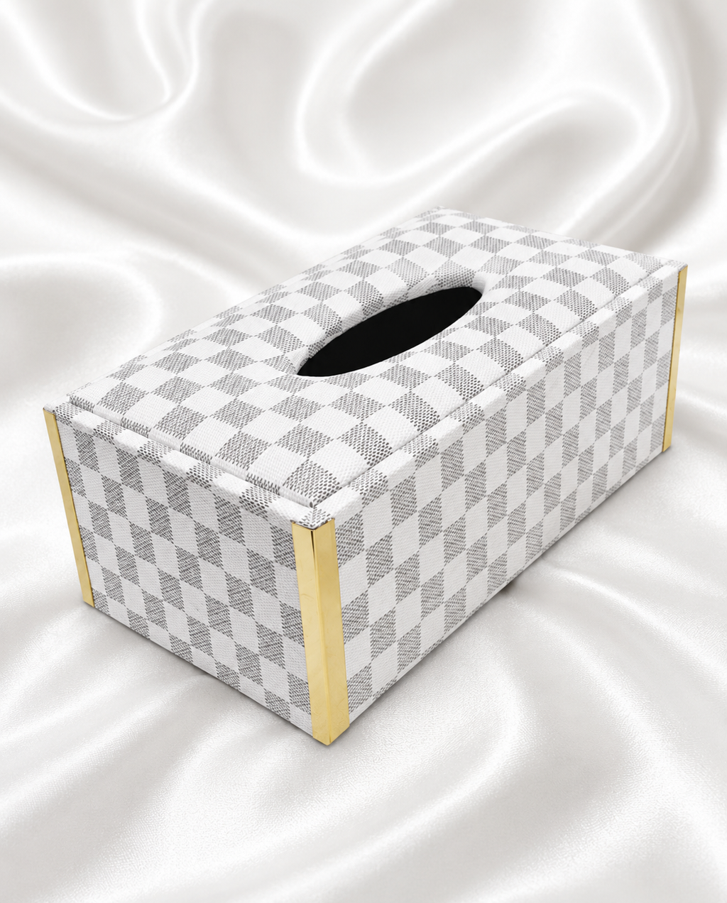 Checkered Pattern Tissue Box Holder with Gold Metal Trim