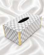 Checkered Pattern Tissue Box Holder with Gold Metal Trim
