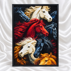 Luxury framed horse wall art featuring vibrant red, white, black and golden horses against a dramatic dark background